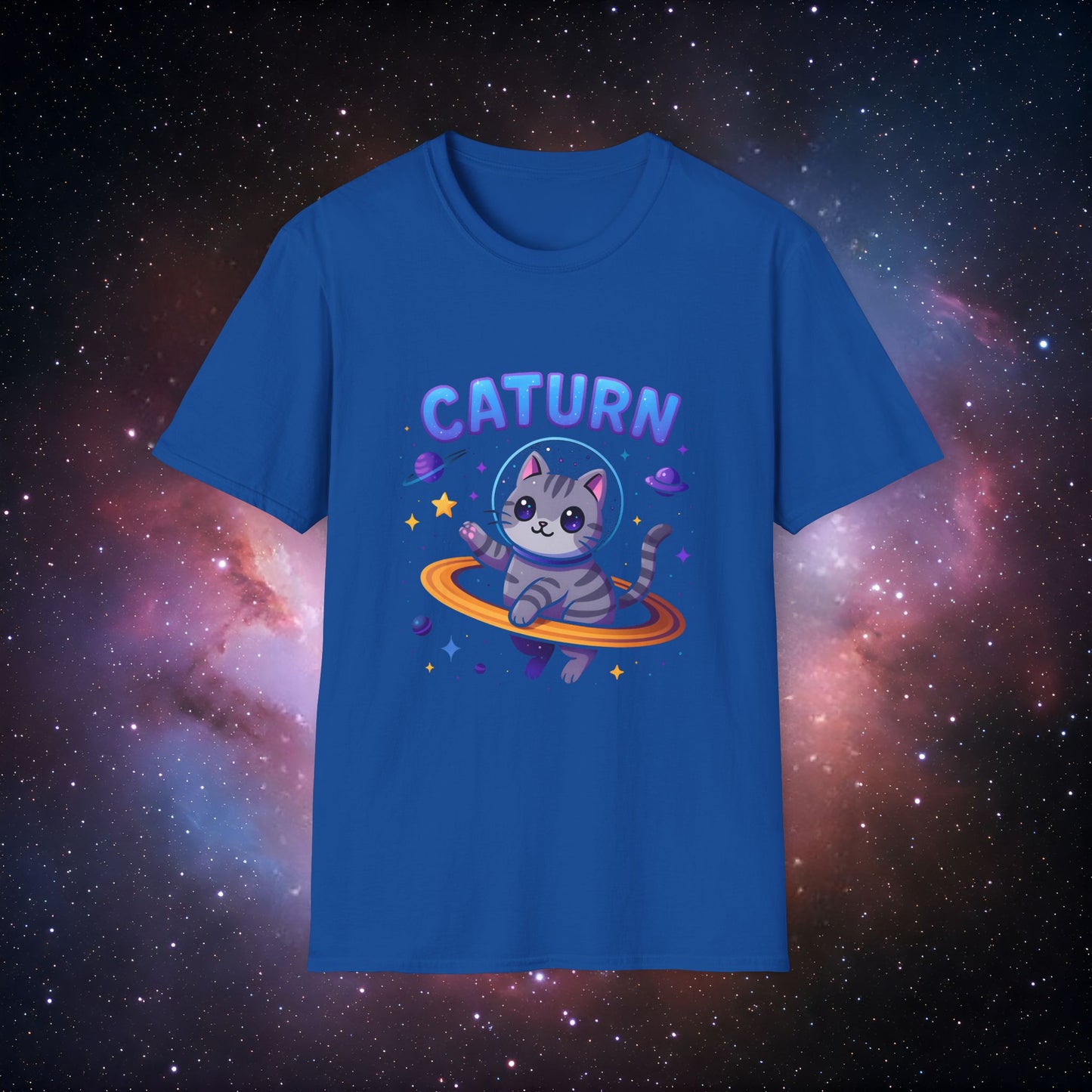 Caturn 5 Unisex Softstyle T-Shirt - Cute Cat in Space Graphic Tee