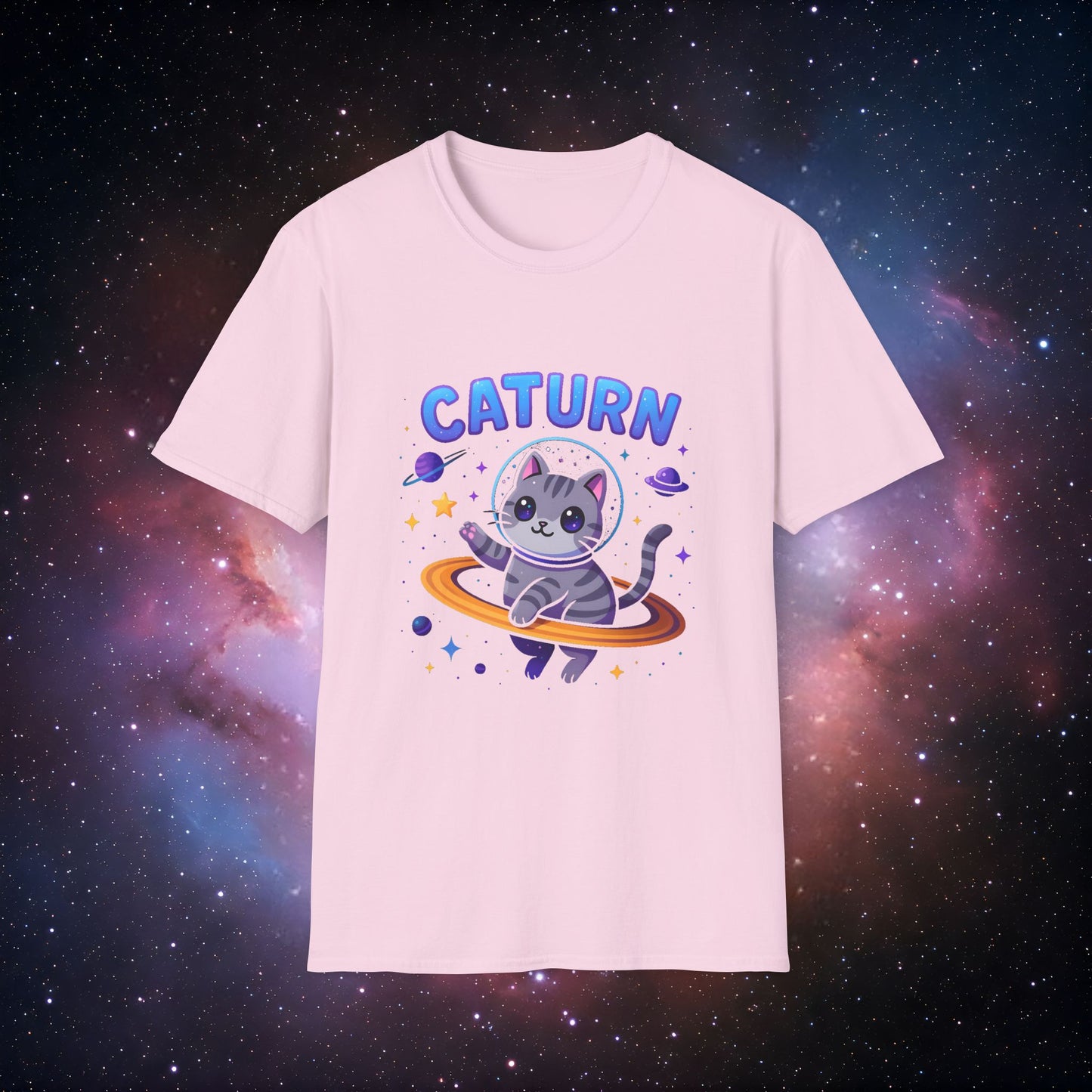 Caturn 5 Unisex Softstyle T-Shirt - Cute Cat in Space Graphic Tee