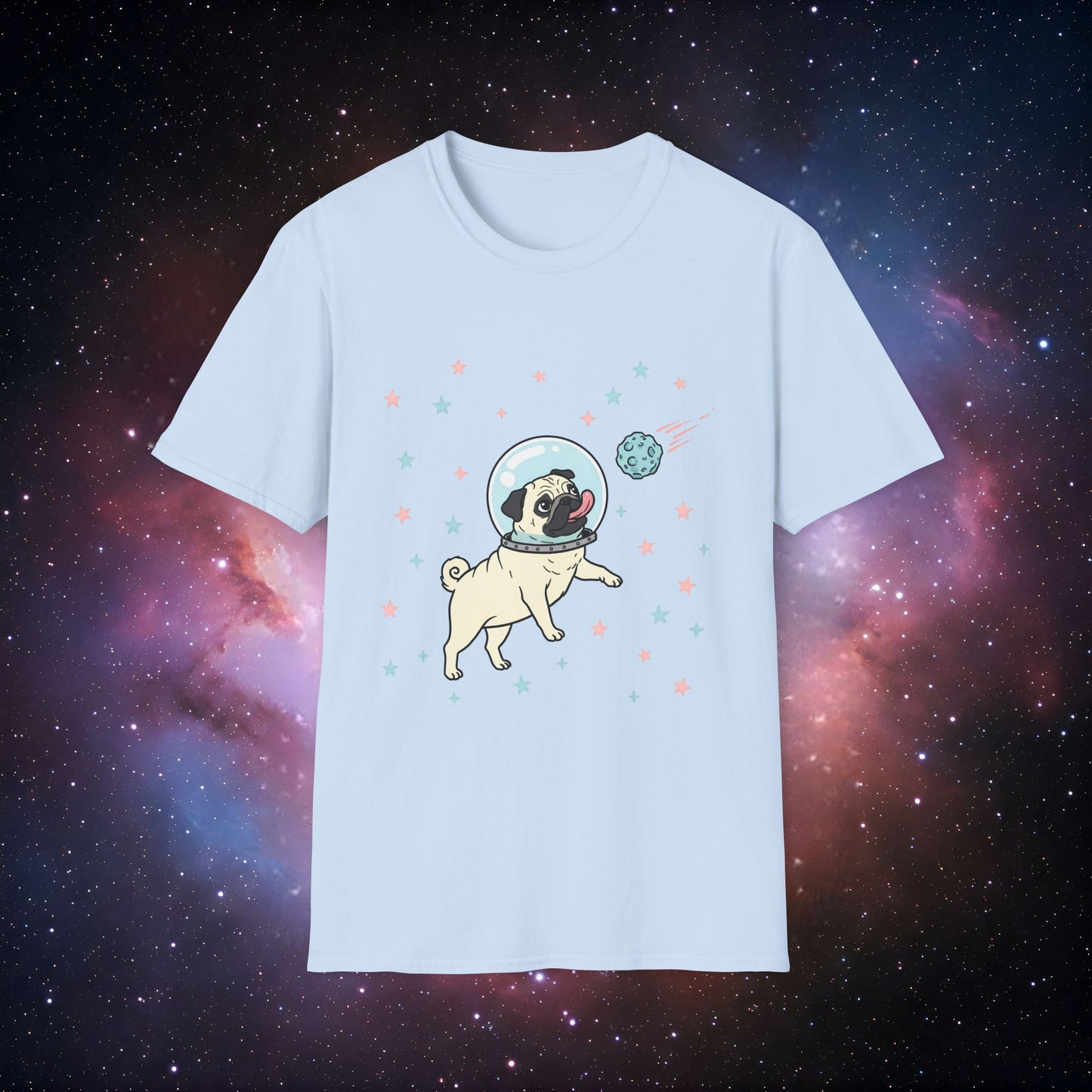 Retro Space Dog With Stars 2 Unisex Softstyle T-Shirt - Fun Space Dog Graphic Tee