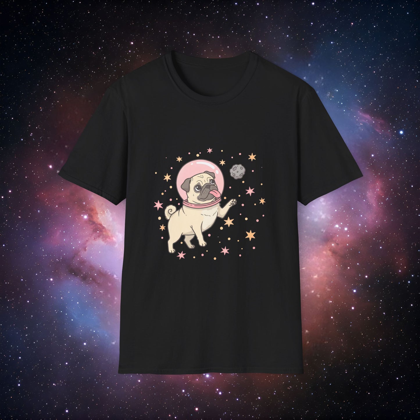 Retro Space Dog With Stars 1 Unisex Softstyle T-Shirt - Fun Space Dog Graphic Tee