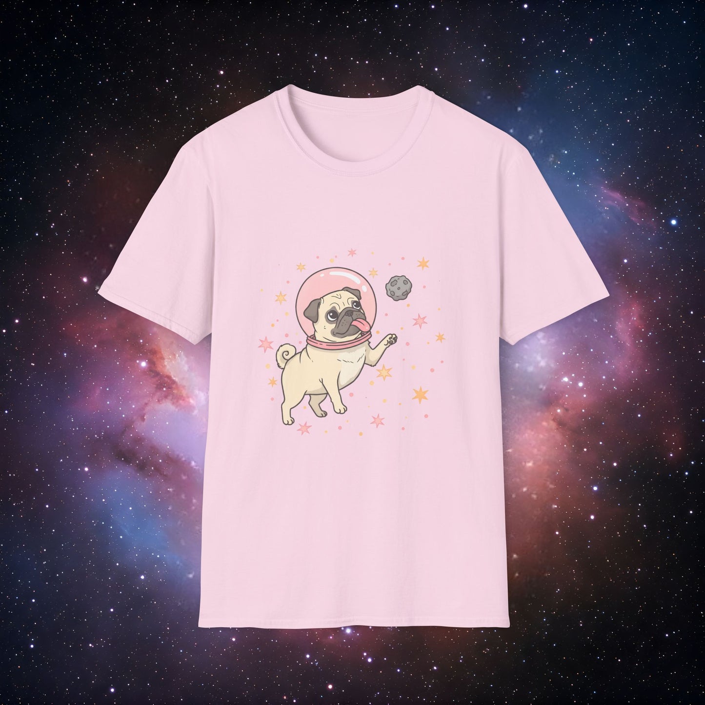 Retro Space Dog With Stars 1 Unisex Softstyle T-Shirt - Fun Space Dog Graphic Tee