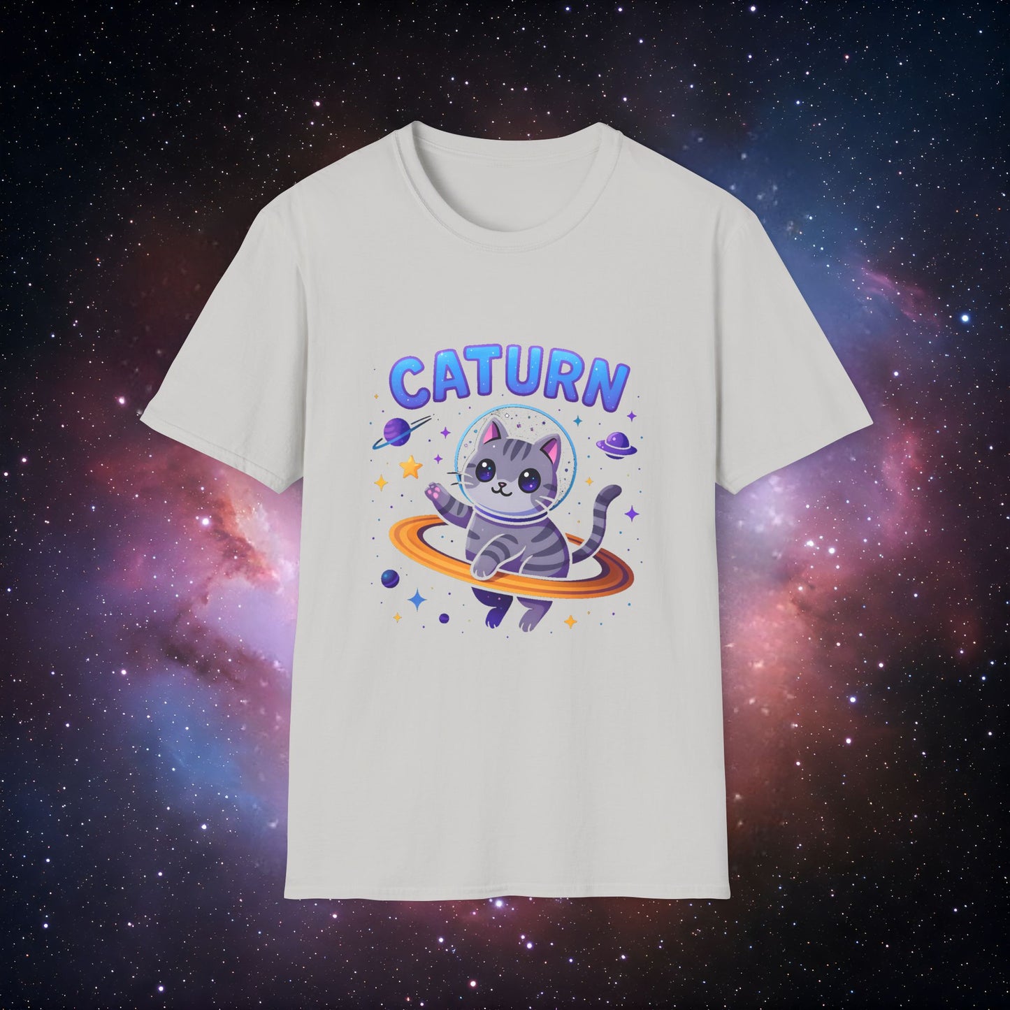 Caturn 5 Unisex Softstyle T-Shirt - Cute Cat in Space Graphic Tee