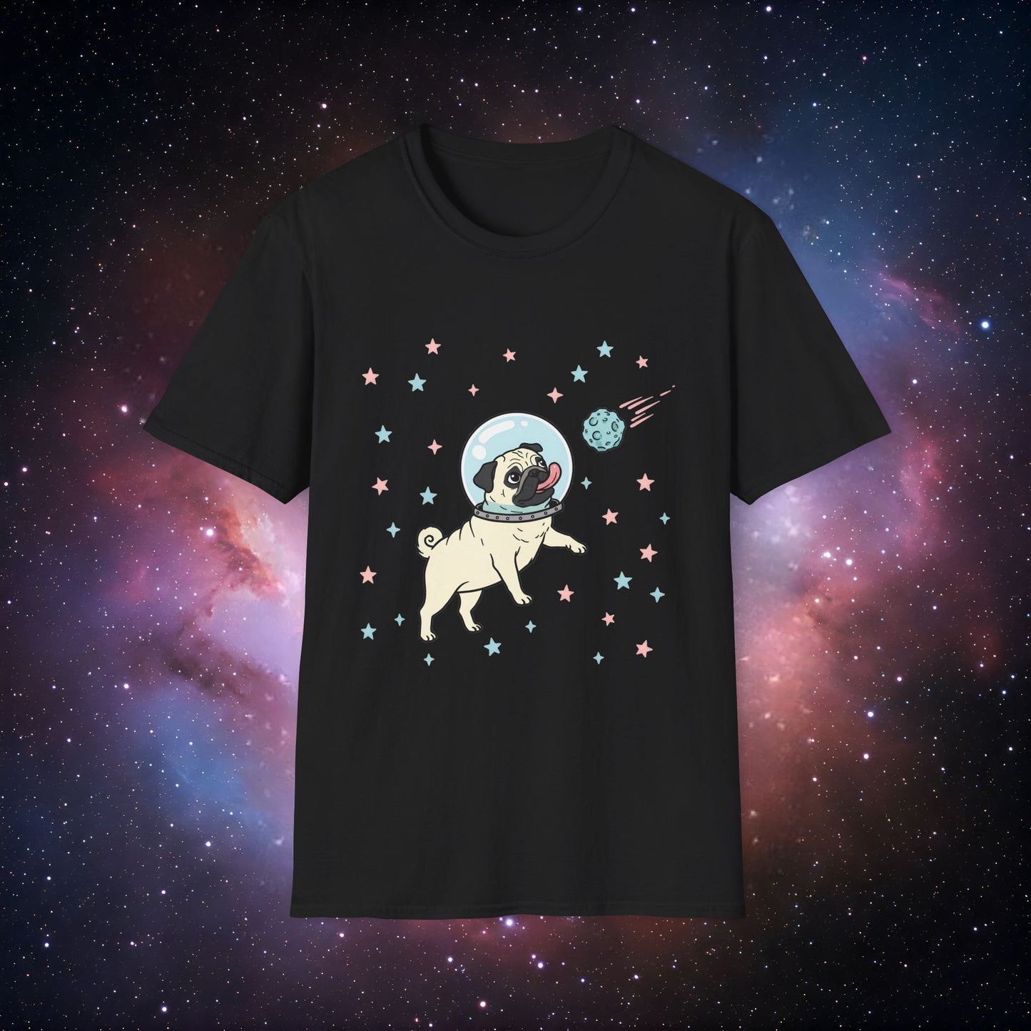 Retro Space Dog With Stars 2 Unisex Softstyle T-Shirt - Fun Space Dog Graphic Tee