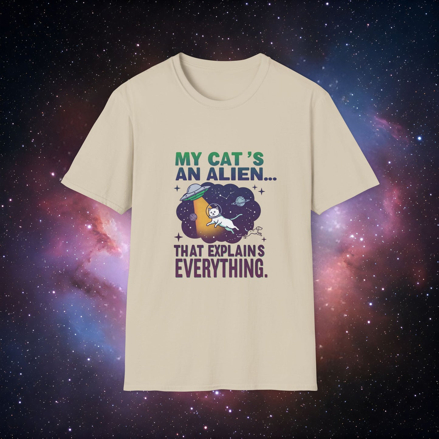 My Cat's an Alien 1 Unisex Softstyle T-Shirt - Fun Space Graphic Tee