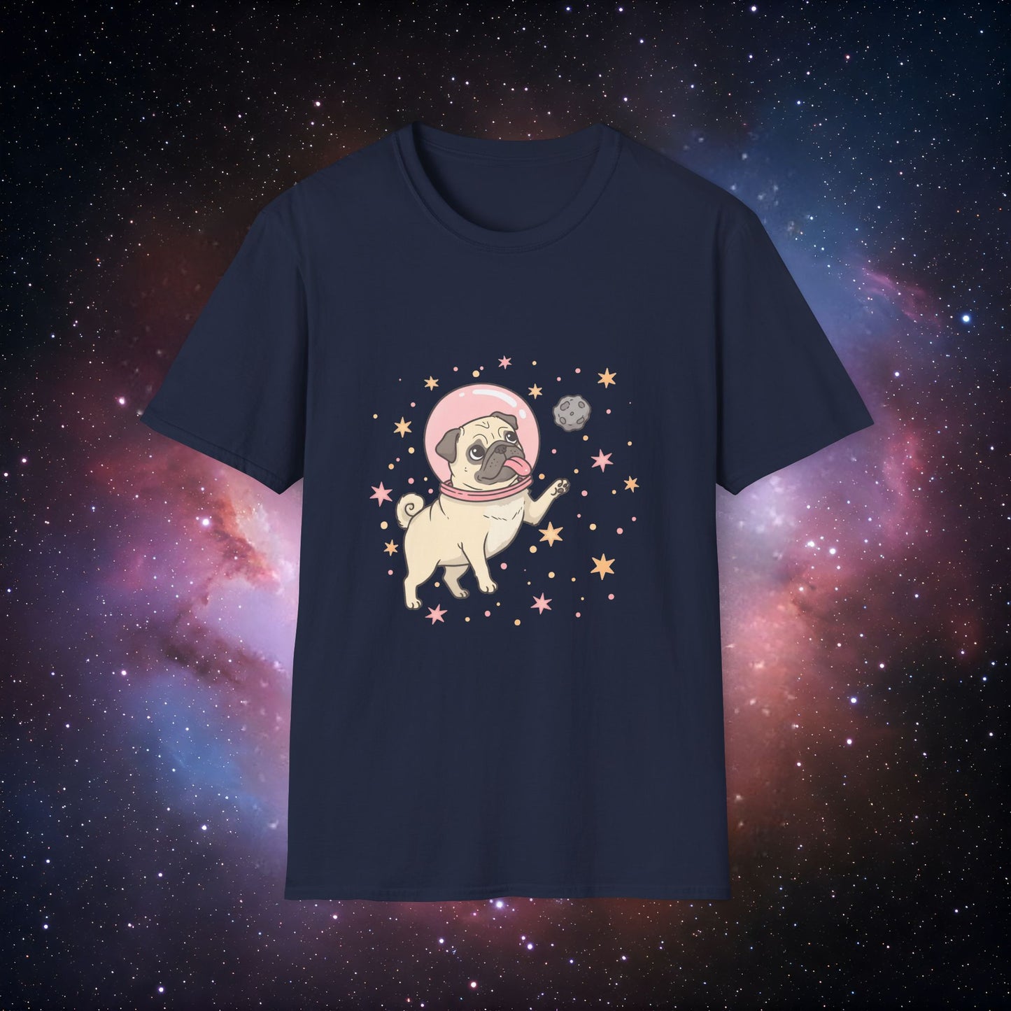 Retro Space Dog With Stars 1 Unisex Softstyle T-Shirt - Fun Space Dog Graphic Tee