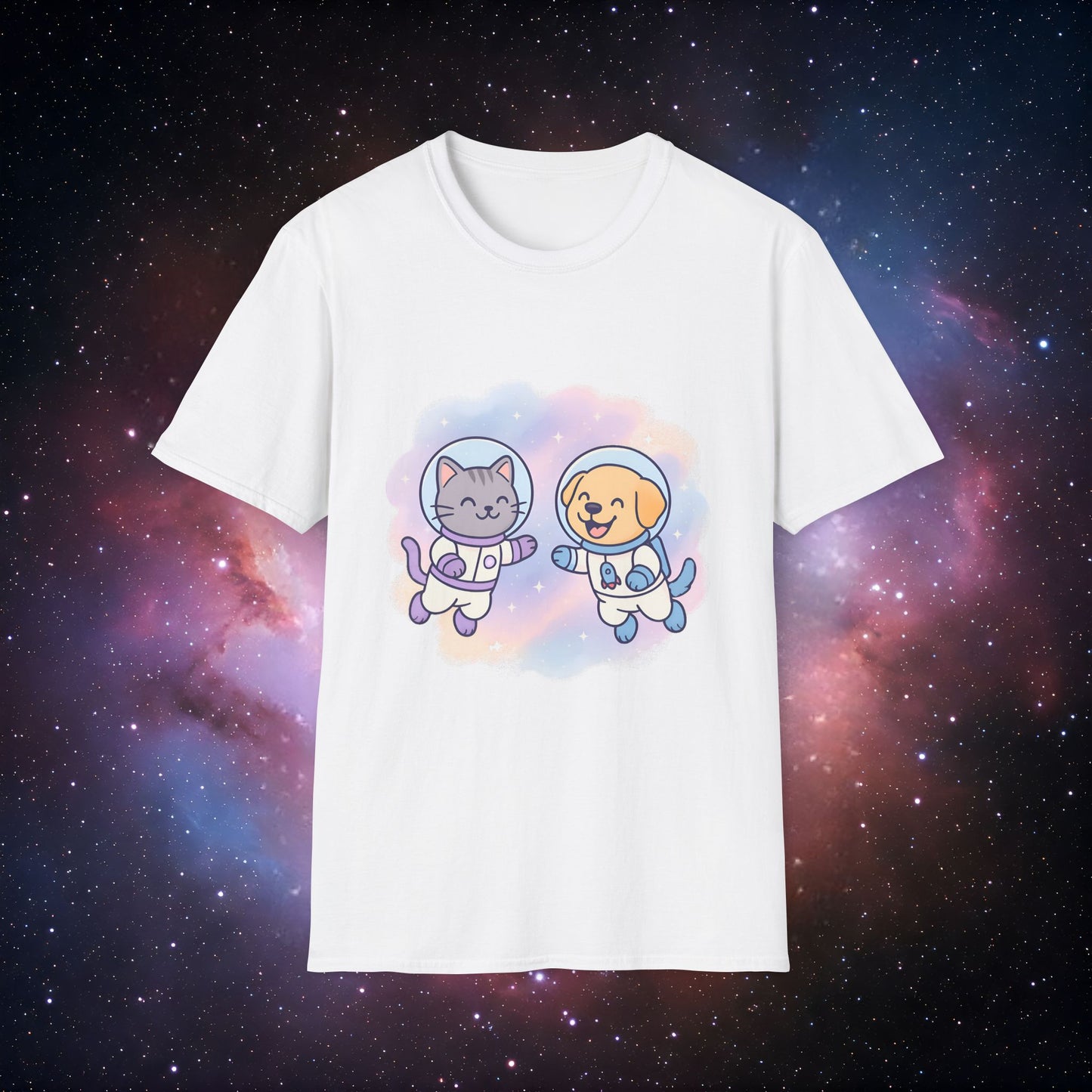 Space Buddies 2 Unisex Softstyle Tee - Cute Cat and Dog Design