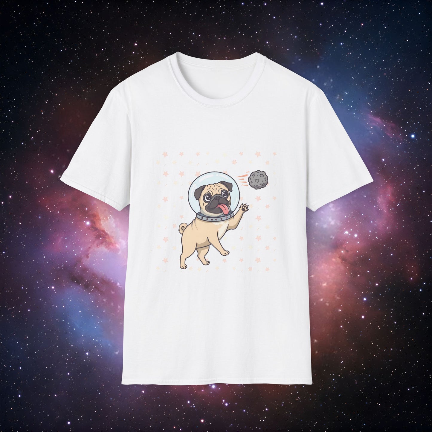 Retro Space Dog With Stars 3 Unisex Softstyle T-Shirt - Cute Space Dog Graphic Tee