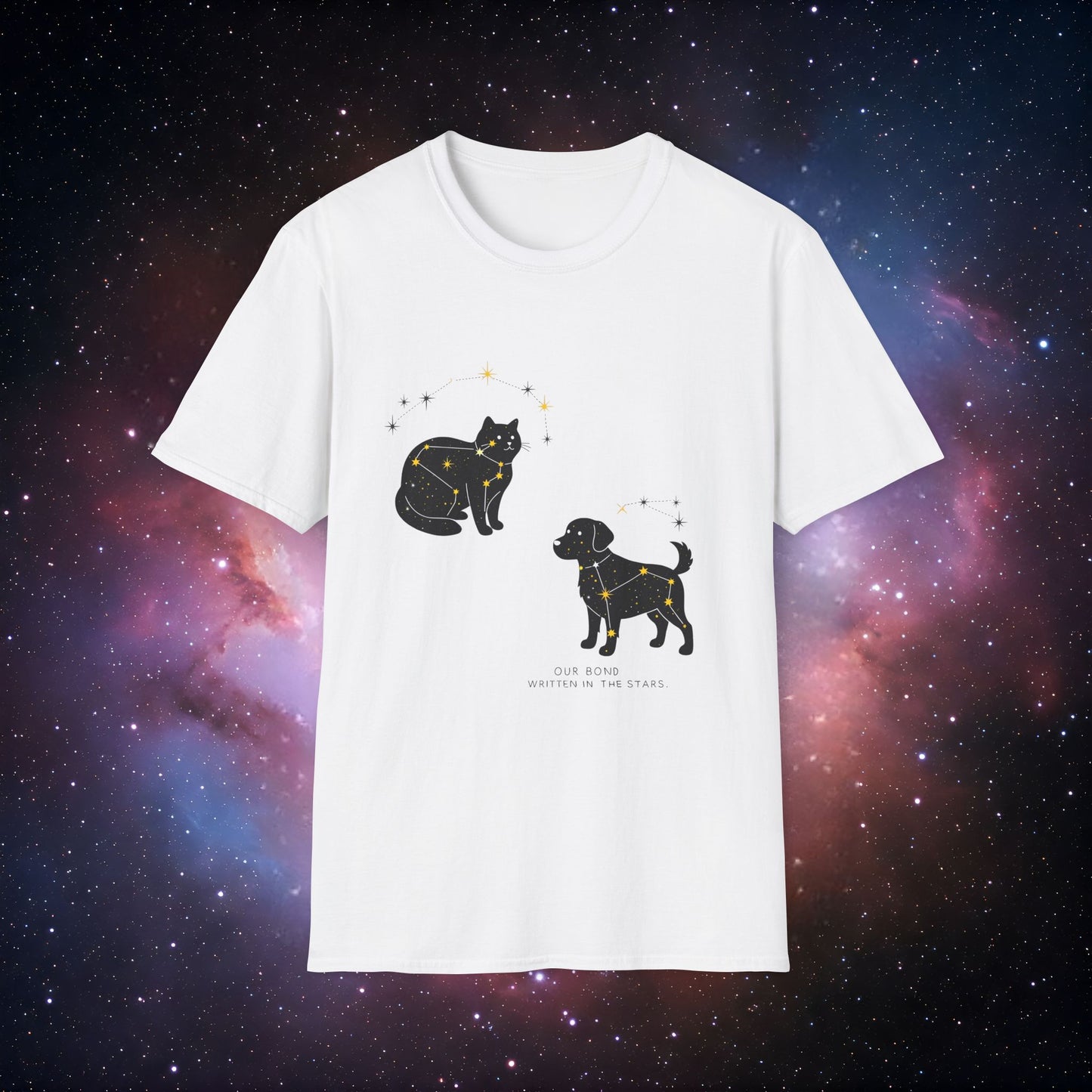 Our Bond, Written in the Stars 4 Unisex Softstyle T-Shirt - Starry Dogs & Cats Design