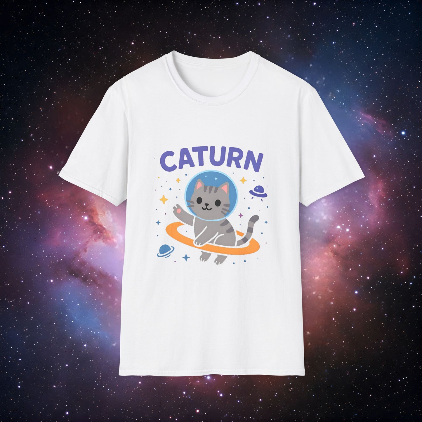 Caturn 7 Unisex Softstyle T-Shirt – Cute Space Themed Tee for Cat Lovers
