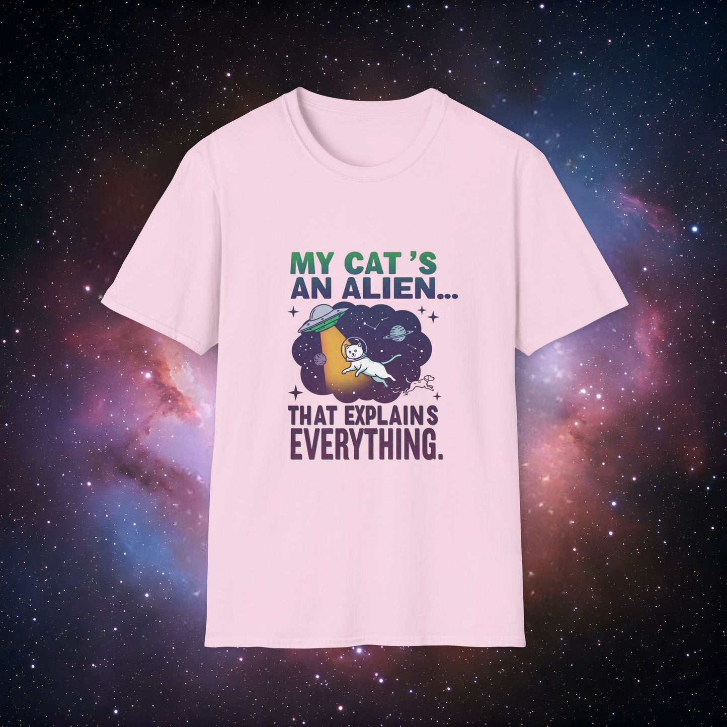 My Cat's an Alien 1 Unisex Softstyle T-Shirt - Fun Space Graphic Tee