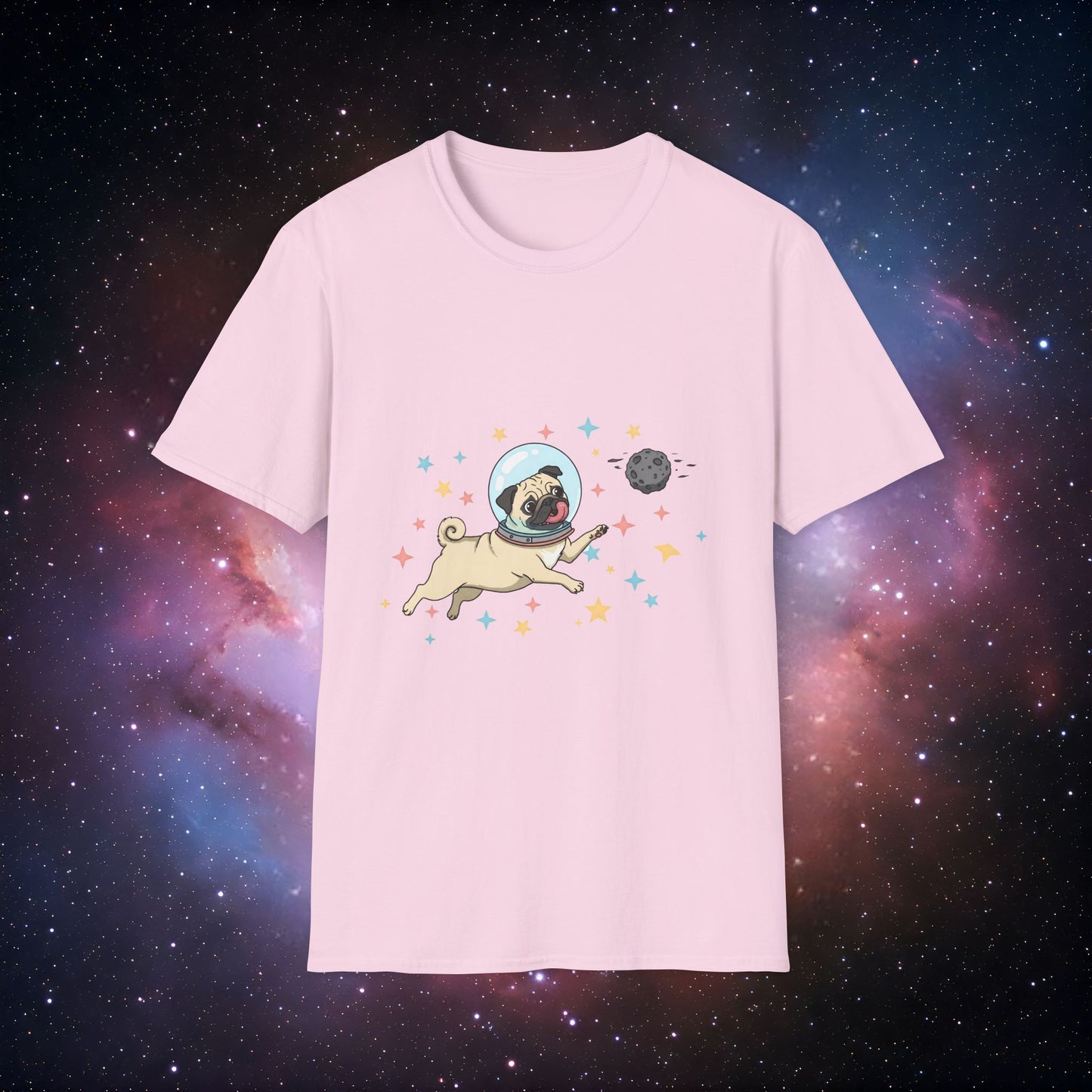 Retro Space Dog With Stars 4 Unisex Softstyle T-Shirt - Cute Dog in Space Design