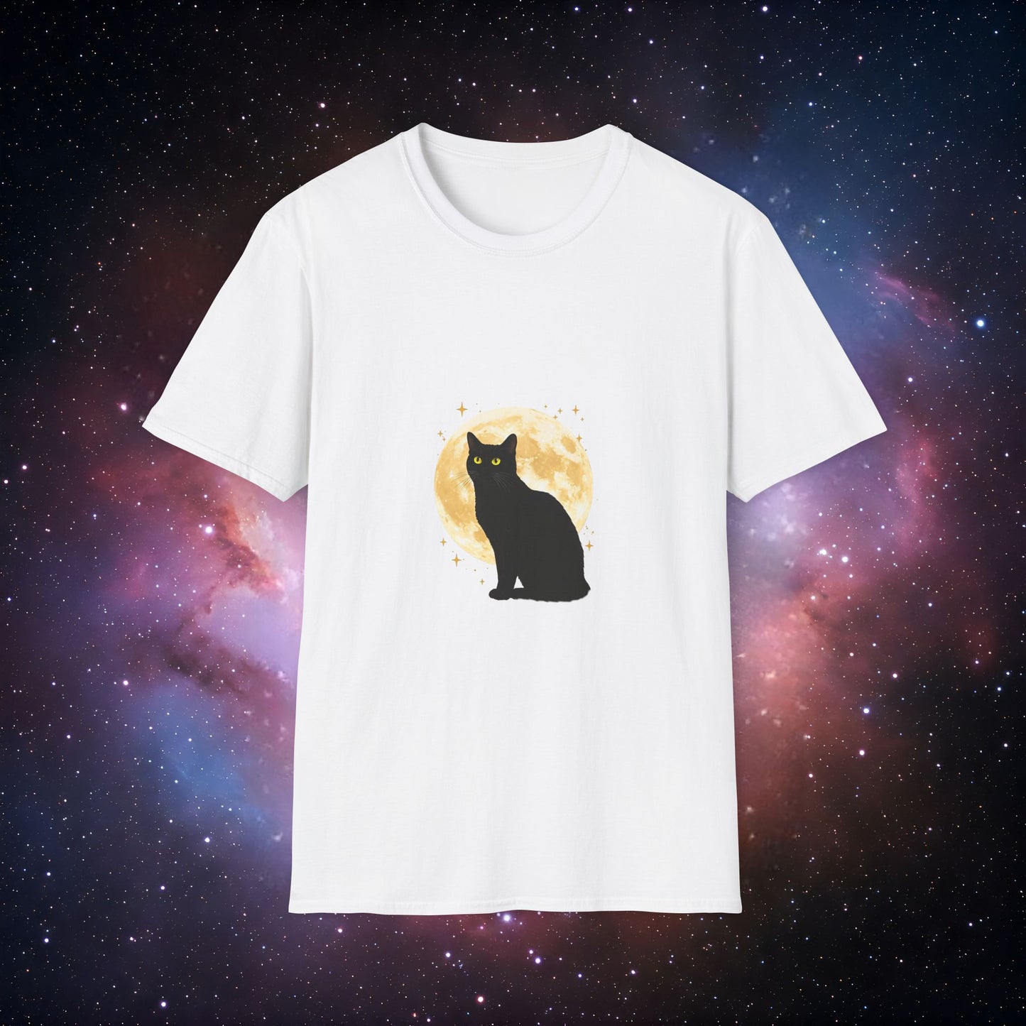 Moonlight Cat 1 Unisex Softstyle T-Shirt - Night Sky Design