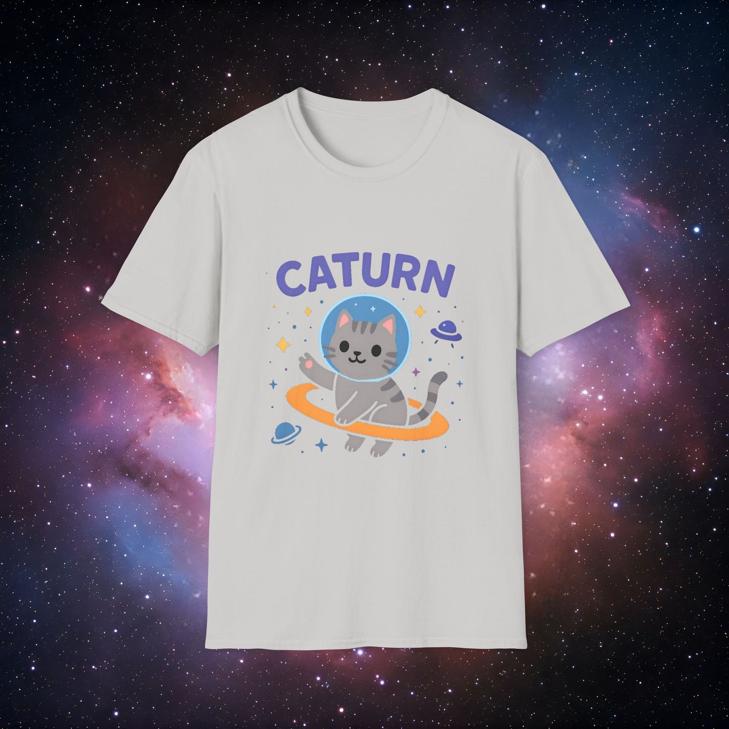 Caturn 7 Unisex Softstyle T-Shirt – Cute Space Themed Tee for Cat Lovers