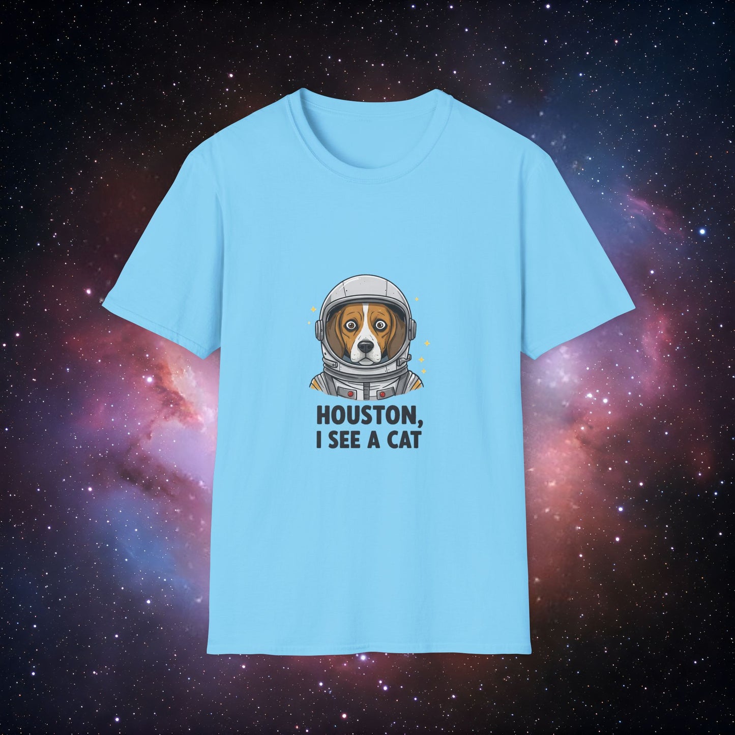 Houston, I See a Cat 1 Unisex Softstyle T-Shirt - Fun Astronaut Dog Design