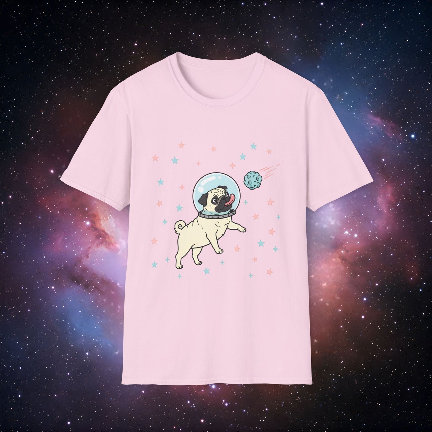 Retro Space Dog With Stars 2 Unisex Softstyle T-Shirt - Fun Space Dog Graphic Tee