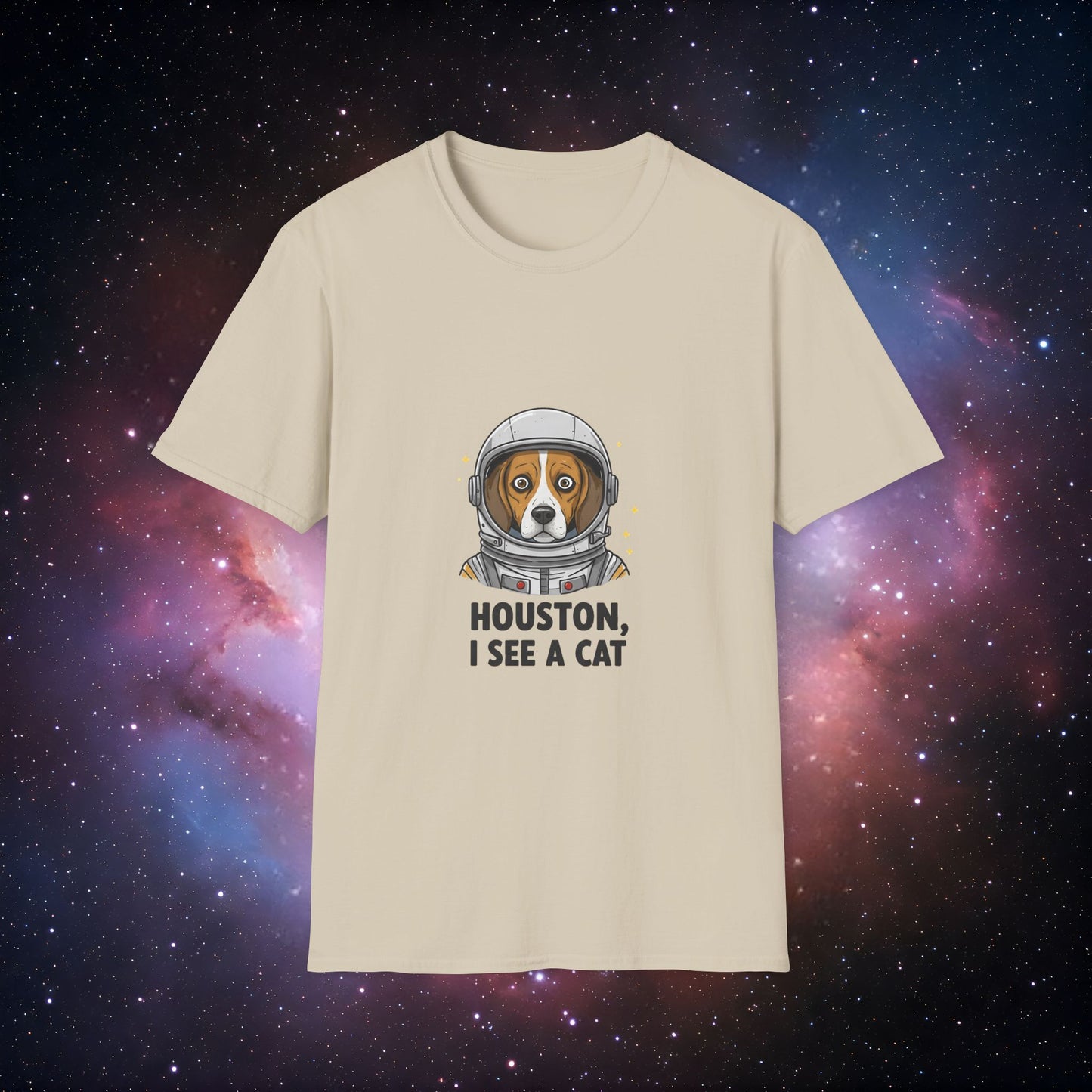 Houston, I See a Cat 1 Unisex Softstyle T-Shirt - Fun Astronaut Dog Design