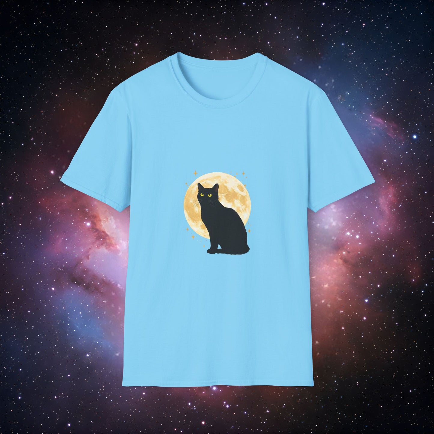 Moonlight Cat 1 Unisex Softstyle T-Shirt - Night Sky Design