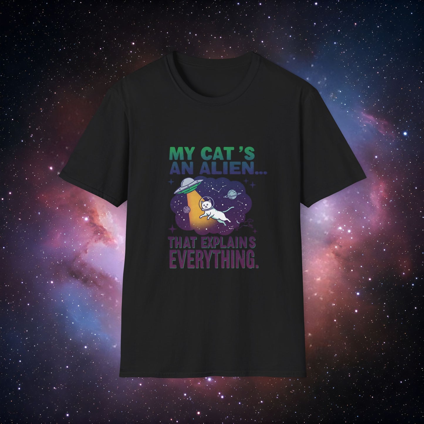 My Cat's an Alien 1 Unisex Softstyle T-Shirt - Fun Space Graphic Tee