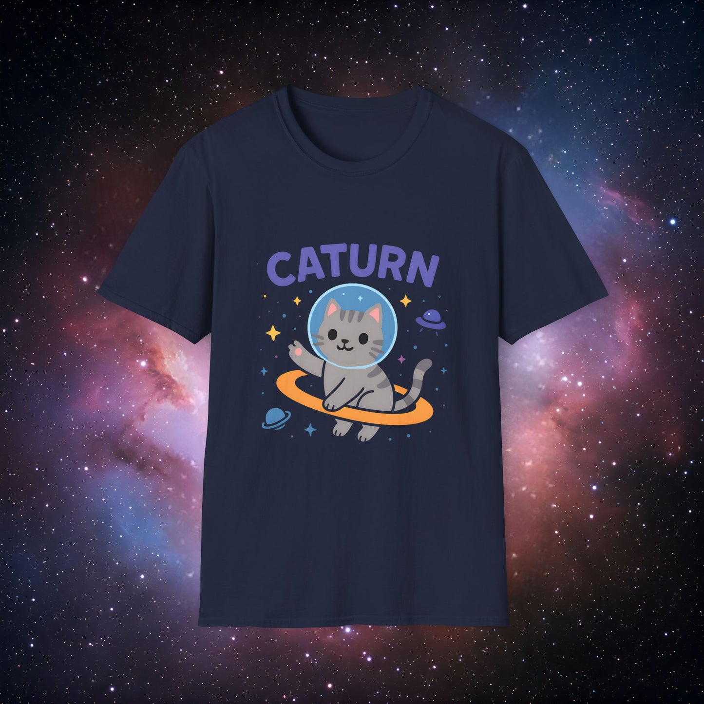 Caturn 7 Unisex Softstyle T-Shirt – Cute Space Themed Tee for Cat Lovers