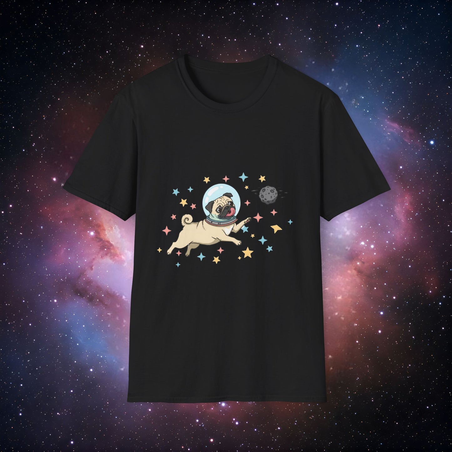 Retro Space Dog With Stars 4 Unisex Softstyle T-Shirt - Cute Dog in Space Design