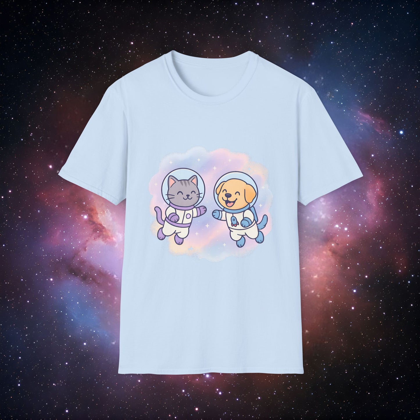 Space Buddies 2 Unisex Softstyle Tee - Cute Cat and Dog Design