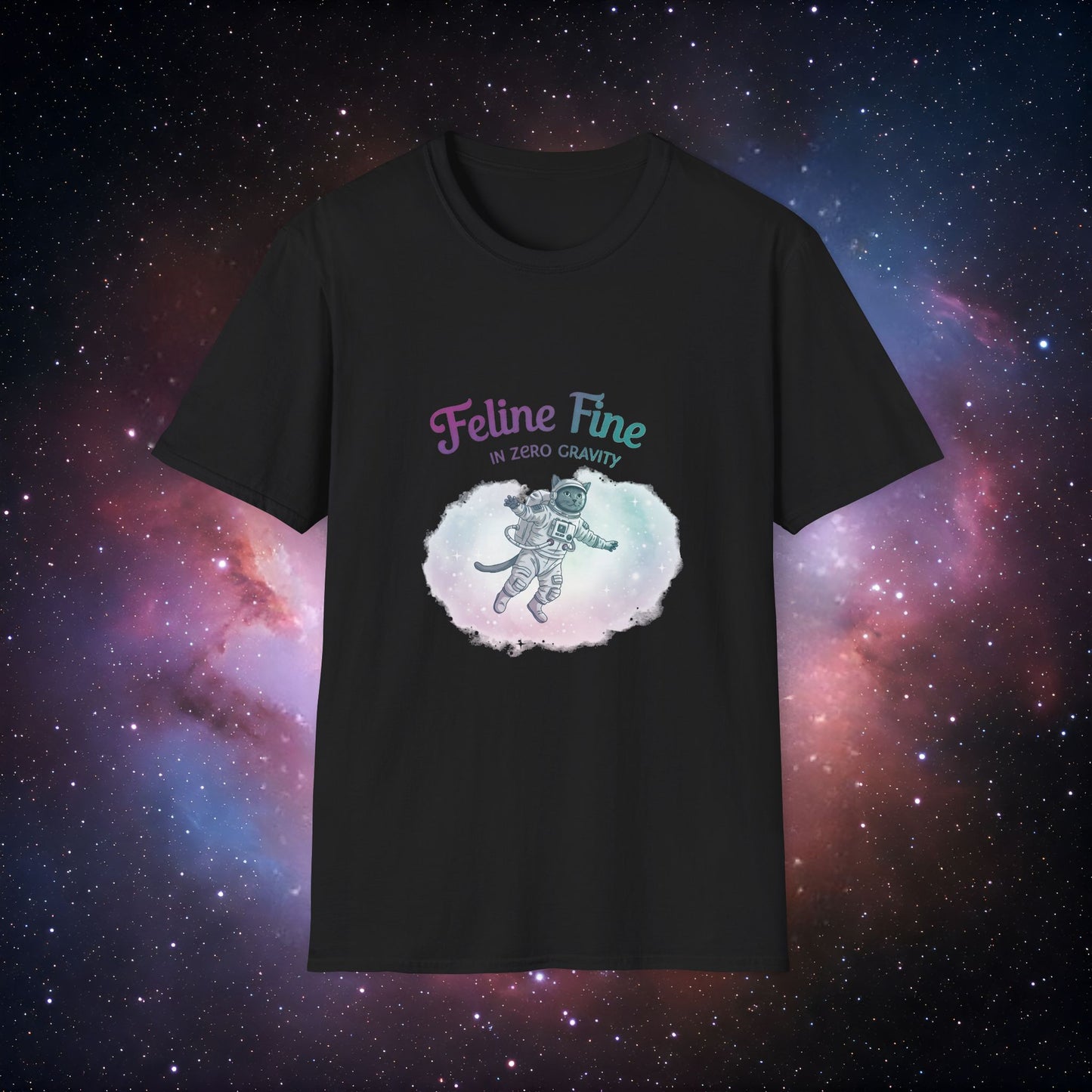Feline Fine Zero Gravity 3 - Unisex Softstyle Tee for Cat Lovers