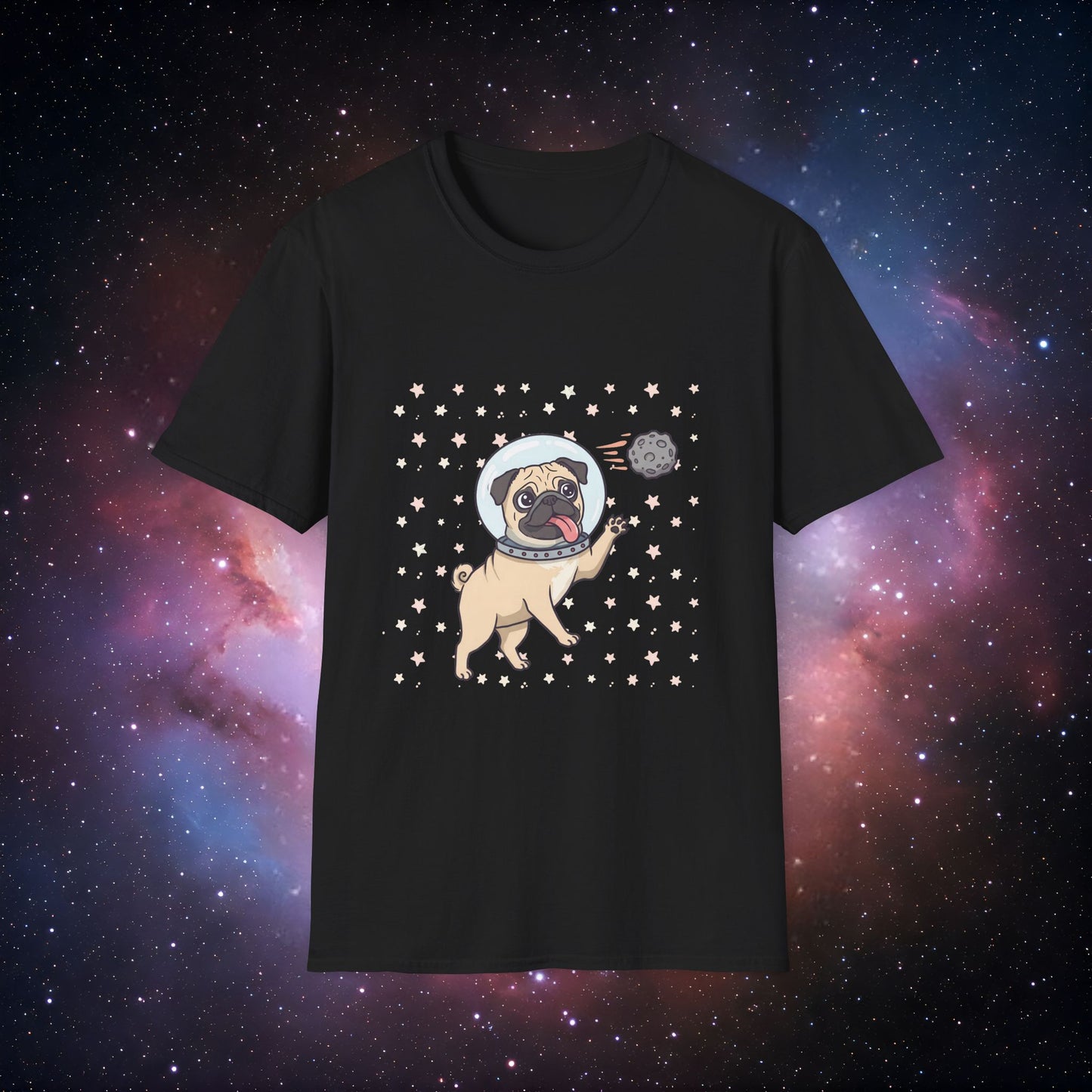 Retro Space Dog With Stars 3 Unisex Softstyle T-Shirt - Cute Space Dog Graphic Tee
