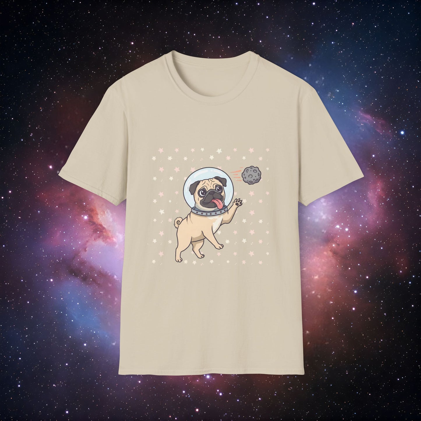 Retro Space Dog With Stars 3 Unisex Softstyle T-Shirt - Cute Space Dog Graphic Tee