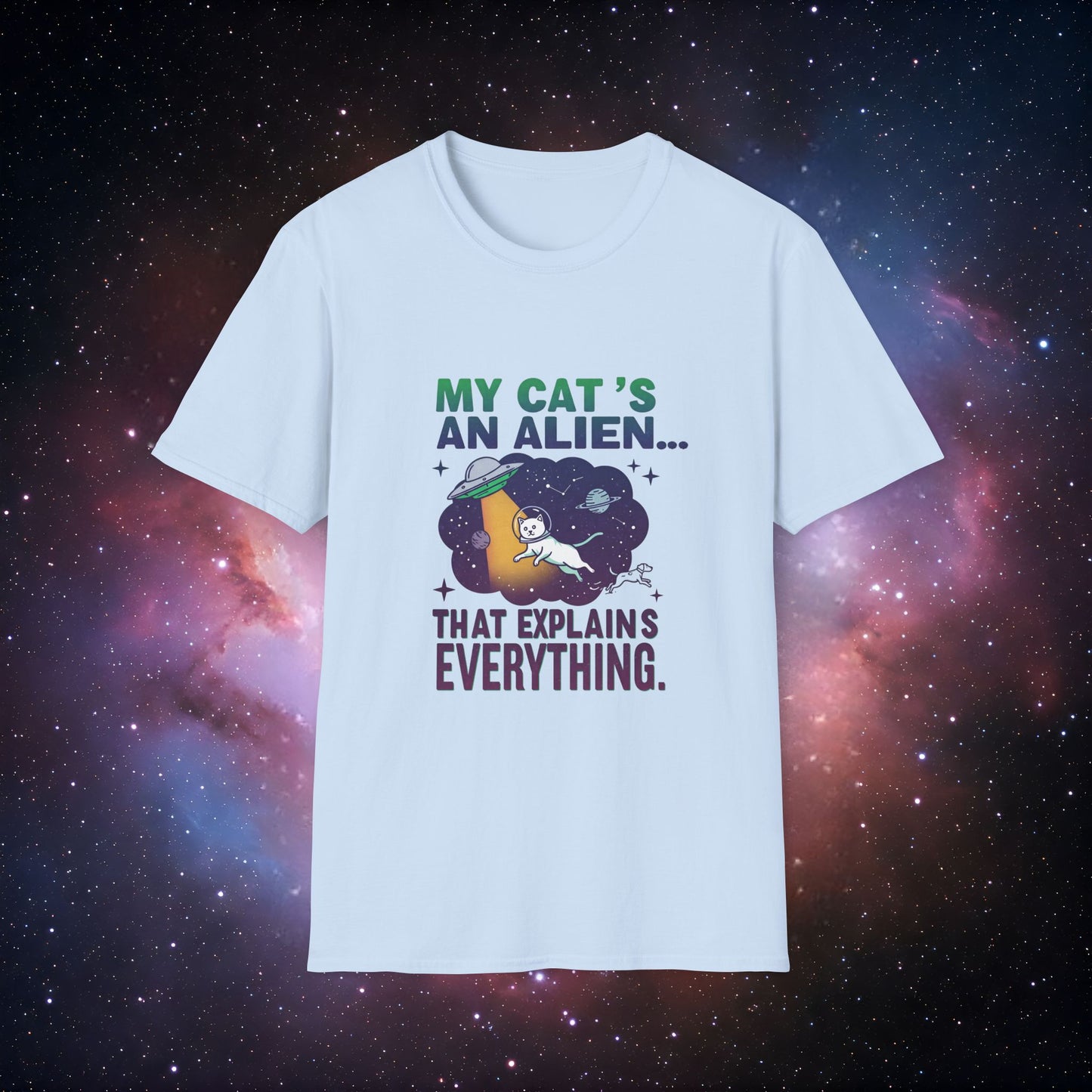 My Cat's an Alien 1 Unisex Softstyle T-Shirt - Fun Space Graphic Tee