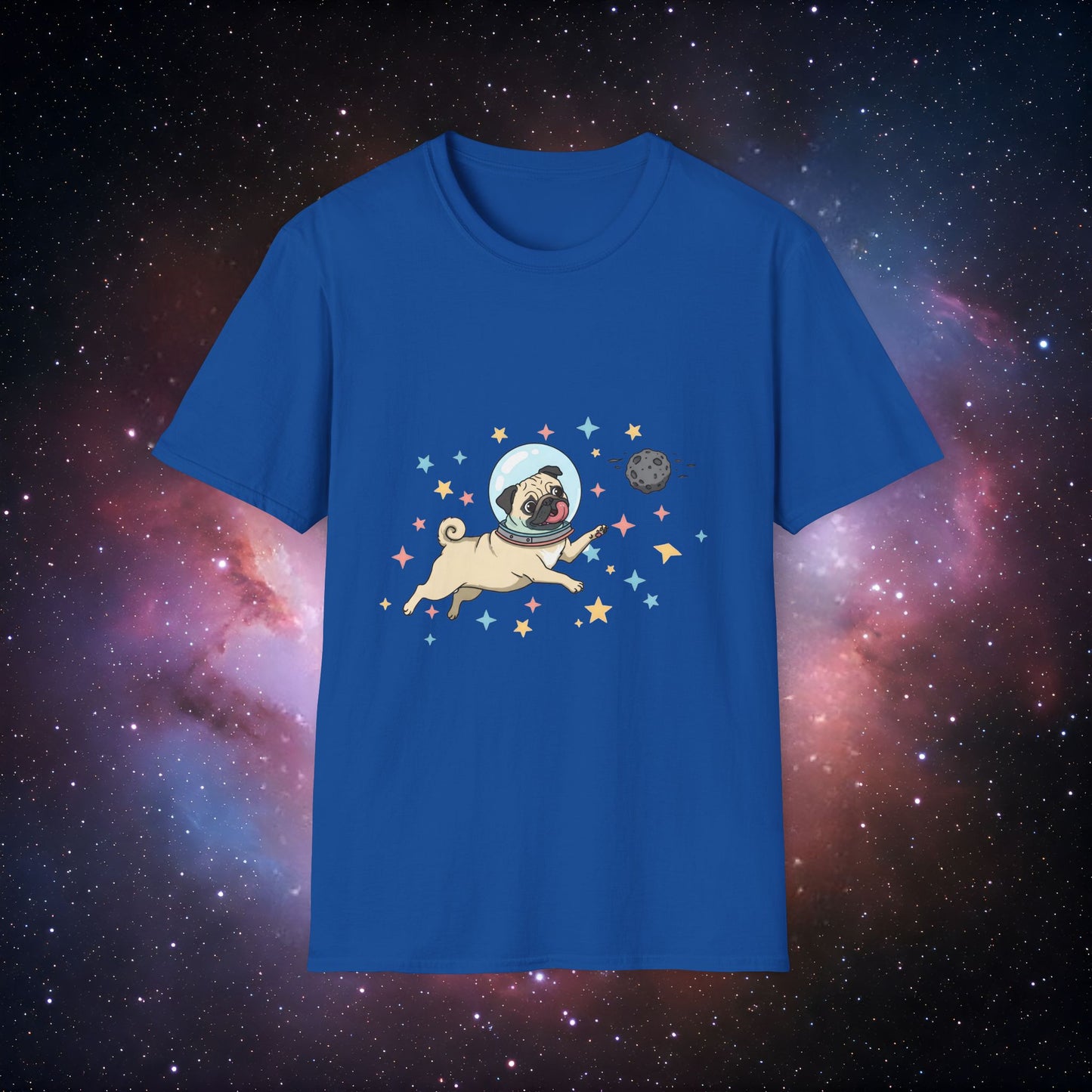 Retro Space Dog With Stars 4 Unisex Softstyle T-Shirt - Cute Dog in Space Design
