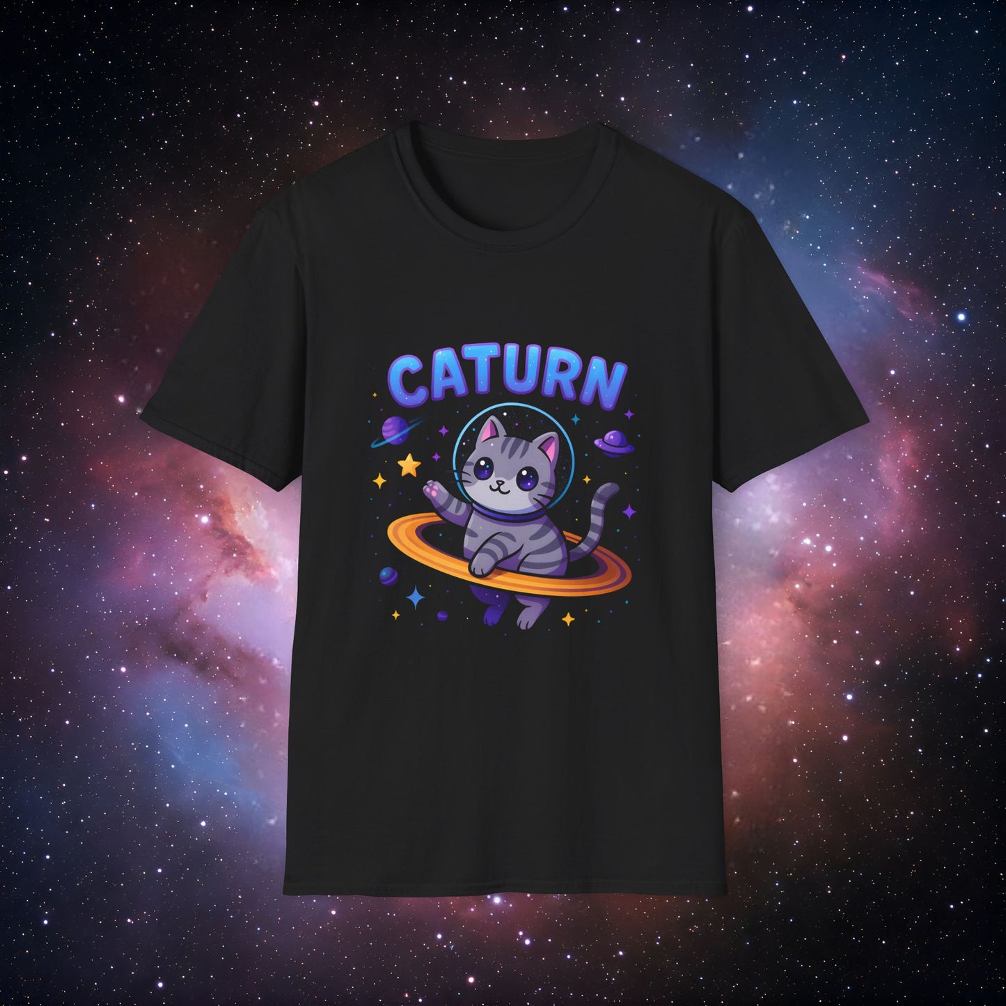 Caturn 5 Unisex Softstyle T-Shirt - Cute Cat in Space Graphic Tee