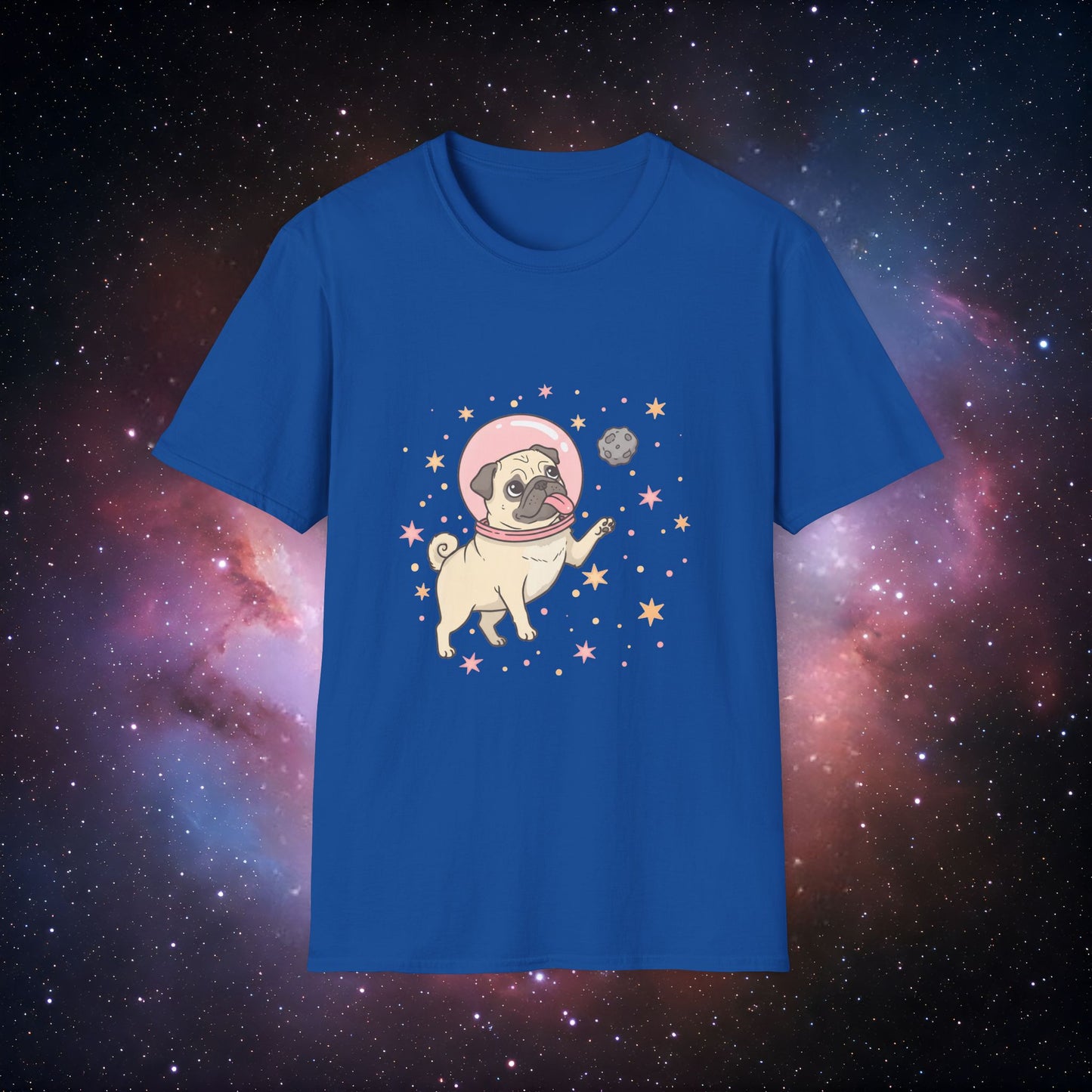 Retro Space Dog With Stars 1 Unisex Softstyle T-Shirt - Fun Space Dog Graphic Tee