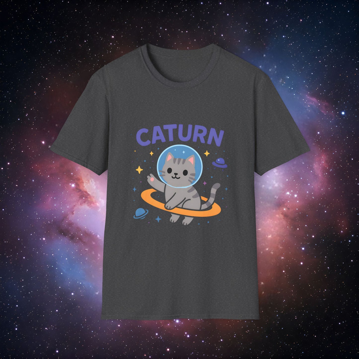 Caturn 7 Unisex Softstyle T-Shirt – Cute Space Themed Tee for Cat Lovers