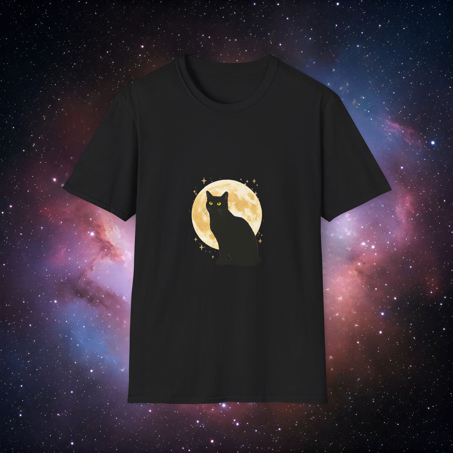 Moonlight Cat 1 Unisex Softstyle T-Shirt - Night Sky Design
