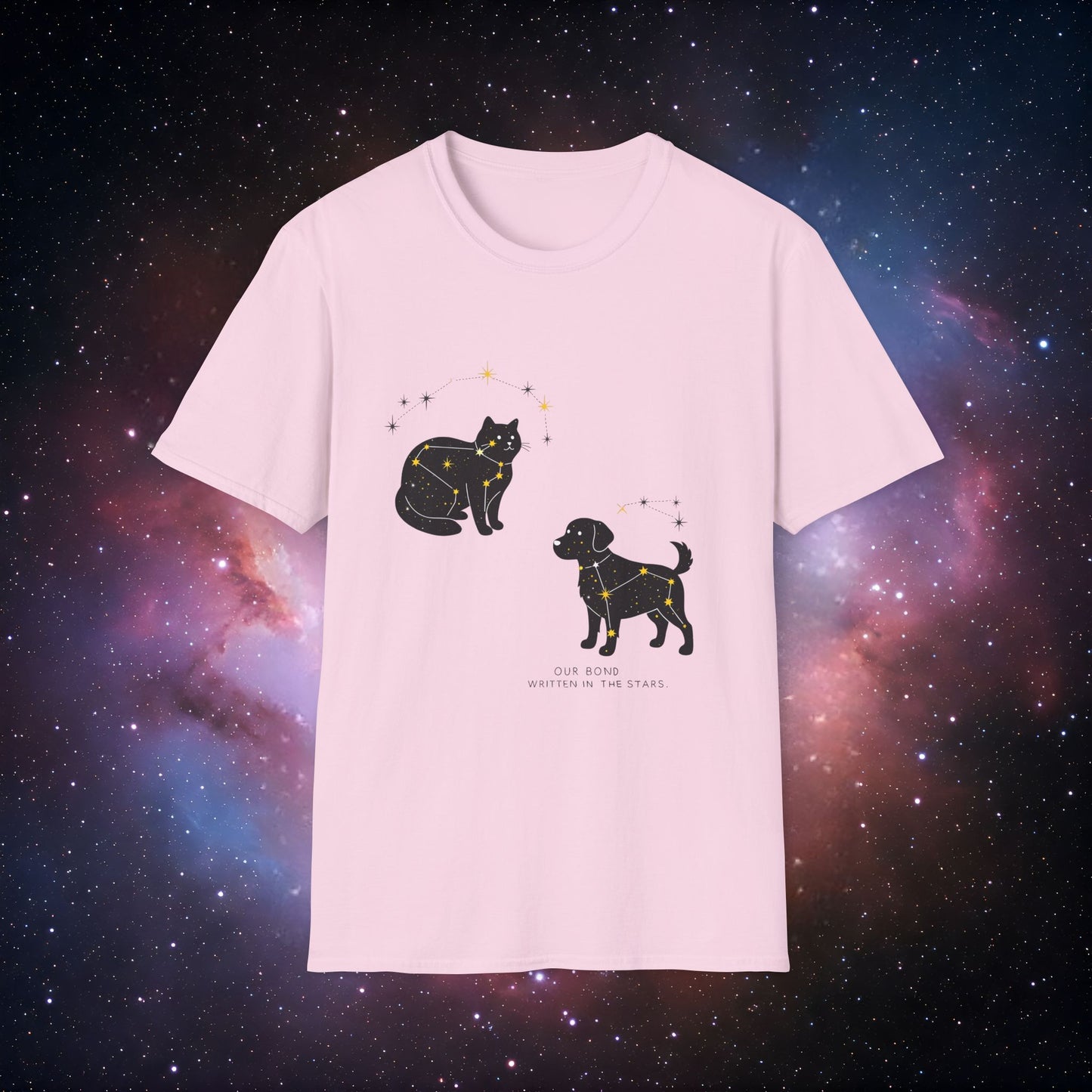 Our Bond, Written in the Stars 4 Unisex Softstyle T-Shirt - Starry Dogs & Cats Design