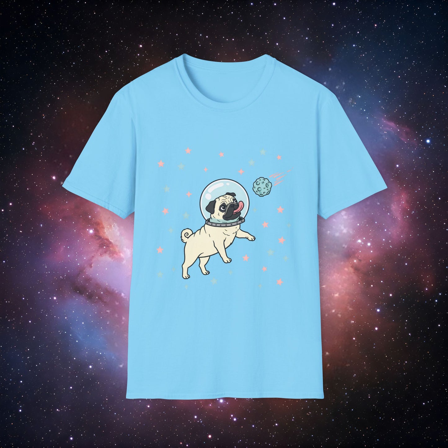 Retro Space Dog With Stars 2 Unisex Softstyle T-Shirt - Fun Space Dog Graphic Tee