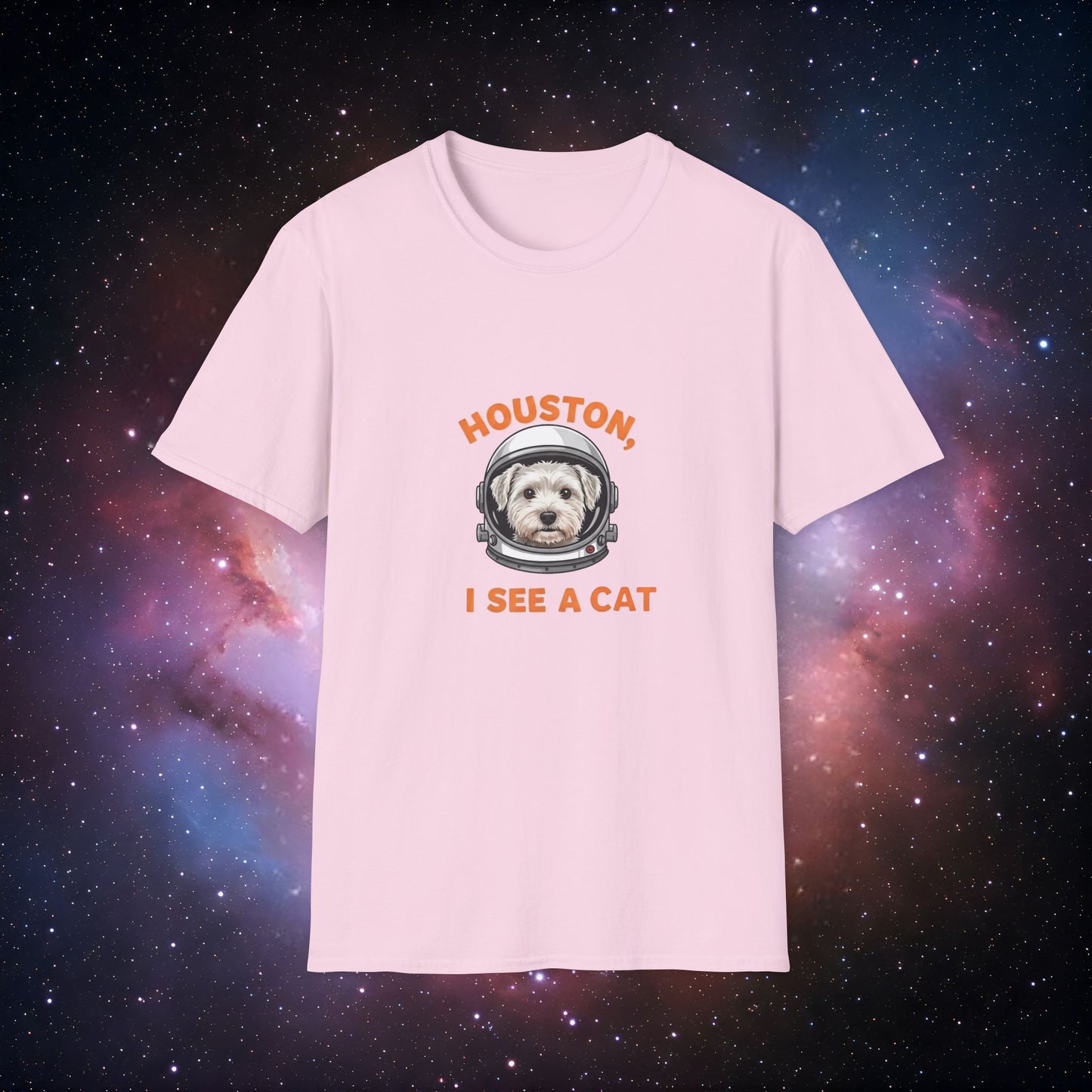 Houston, I See a Cat 4 Unisex Softstyle T-Shirt – Fun Space-Themed Pet Lover Tee