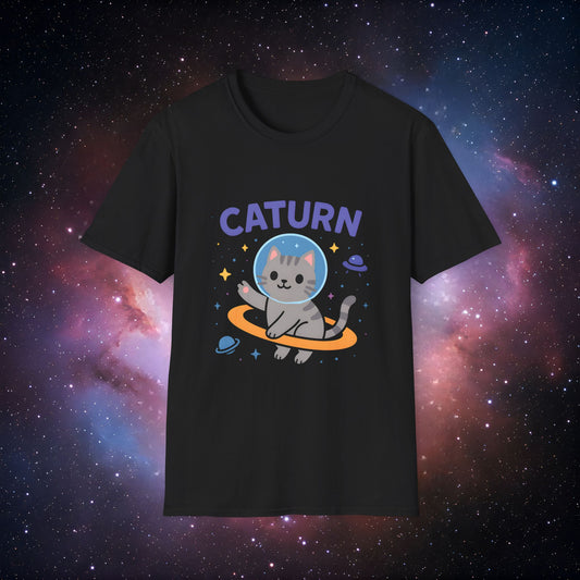 Caturn 7 Unisex Softstyle T-Shirt – Cute Space Themed Tee for Cat Lovers