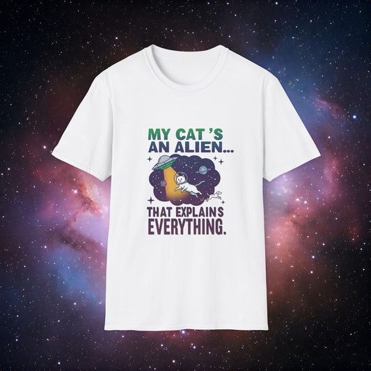 My Cat's an Alien 1 Unisex Softstyle T-Shirt - Fun Space Graphic Tee