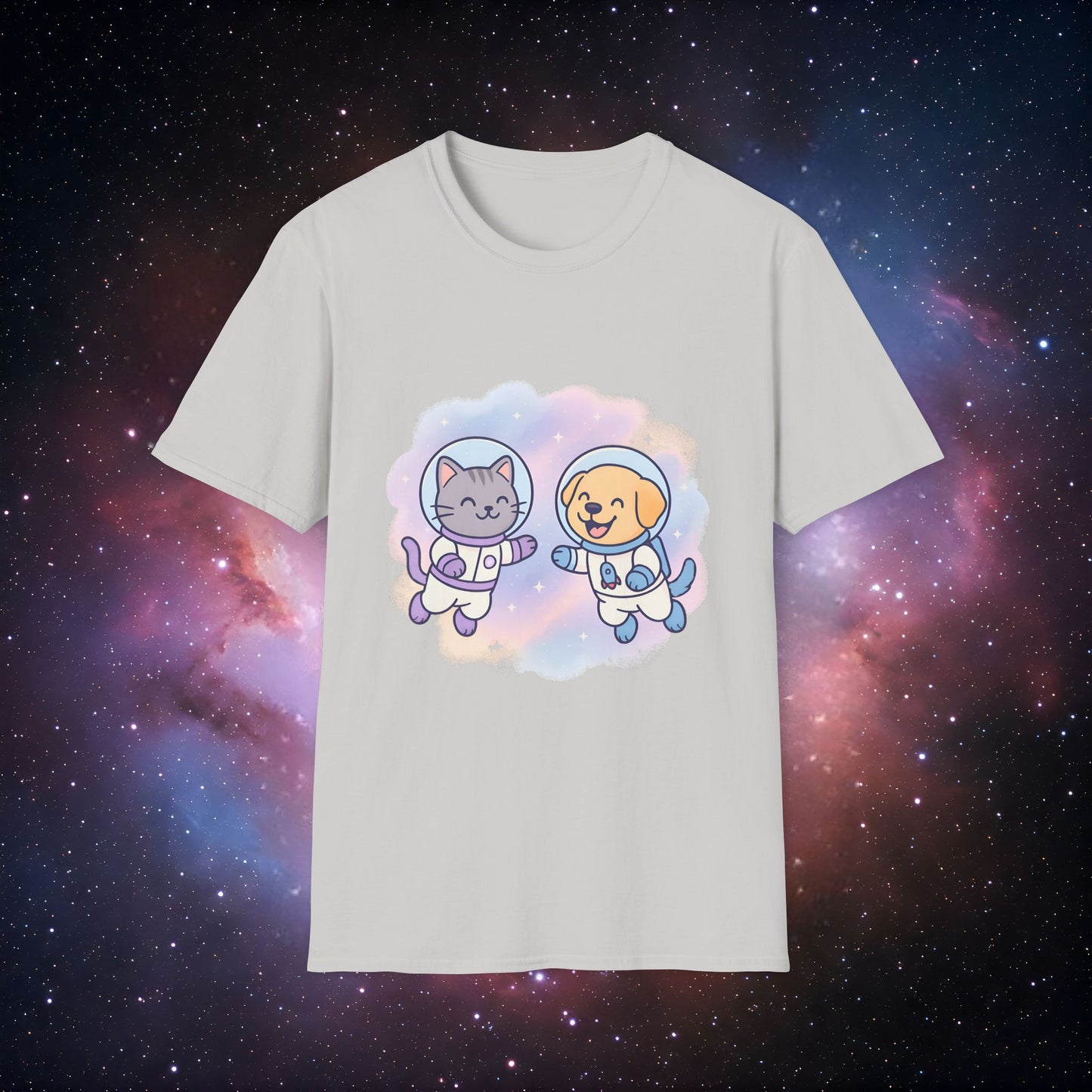 Space Buddies 2 Unisex Softstyle Tee - Cute Cat and Dog Design
