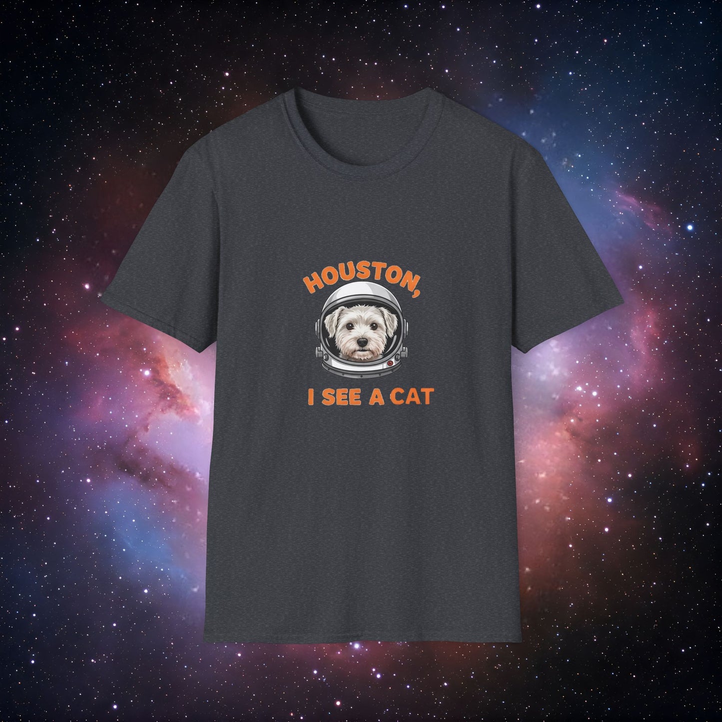 Houston, I See a Cat 4 Unisex Softstyle T-Shirt – Fun Space-Themed Pet Lover Tee