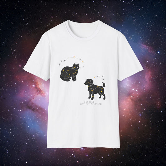 Our Bond, Written in the Stars 4 Unisex Softstyle T-Shirt - Starry Dogs & Cats Design