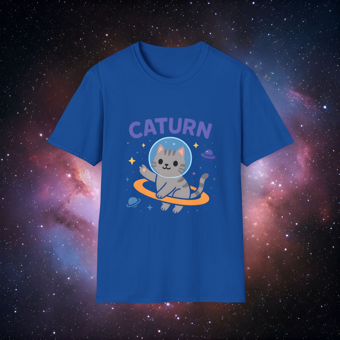 Caturn 7 Unisex Softstyle T-Shirt – Cute Space Themed Tee for Cat Lovers