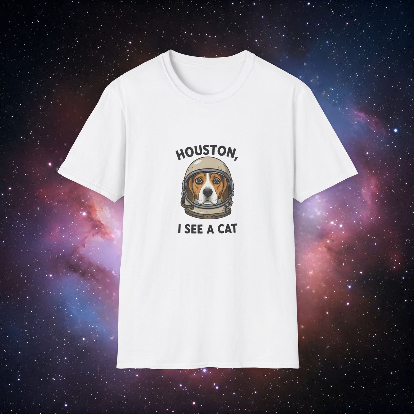 Houston, I See a Cat 3 Unisex Softstyle T-Shirt - Fun Dog Astronaut Design