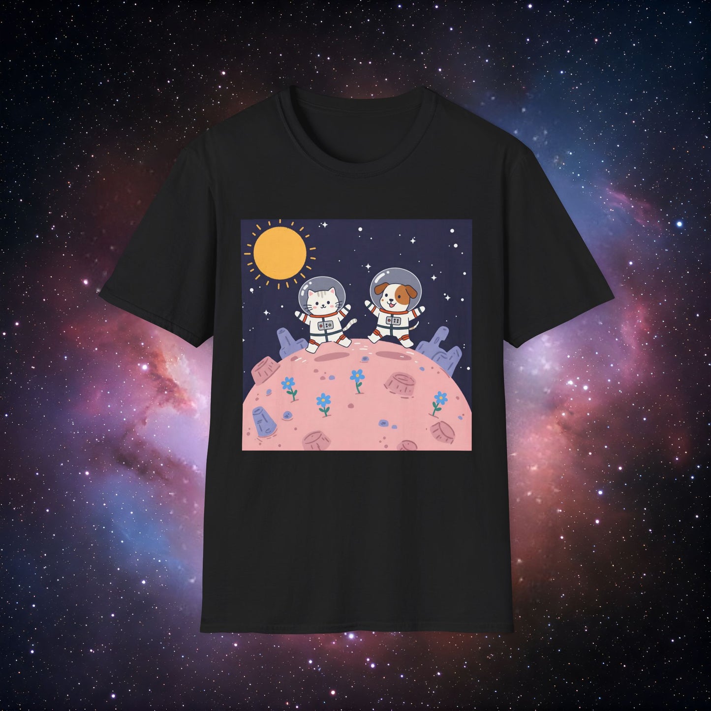 Cute Astronaut Pets Unisex Softstyle T-Shirt - Space Adventure Design
