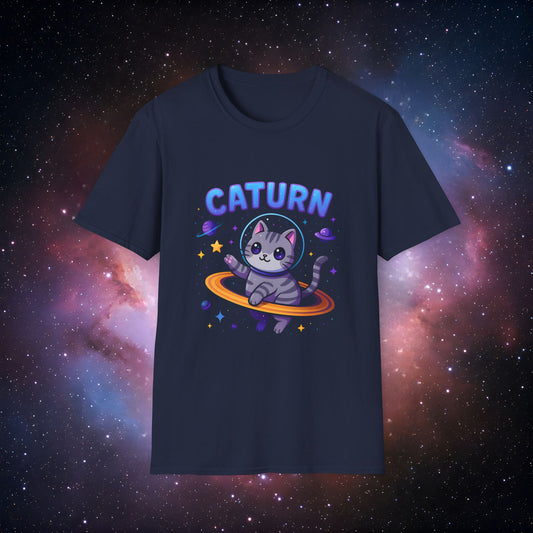 Caturn 5 Unisex Softstyle T-Shirt - Cute Cat in Space Graphic Tee
