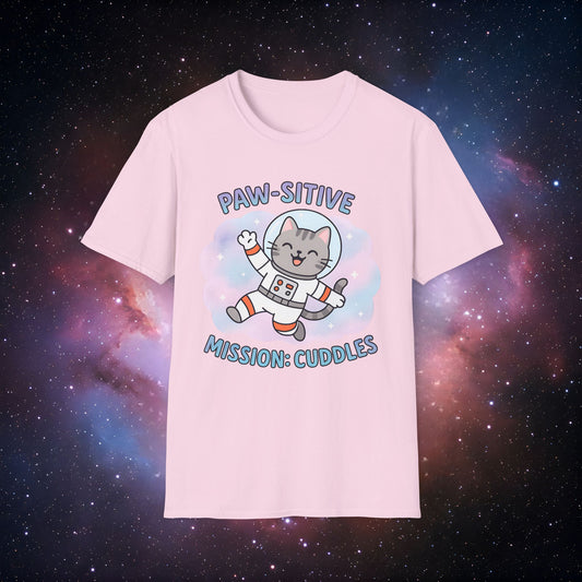 Paw-sitive Mission Cuddles 1 T-Shirt, Astronaut Cat Tee, Gift for Cat Lovers