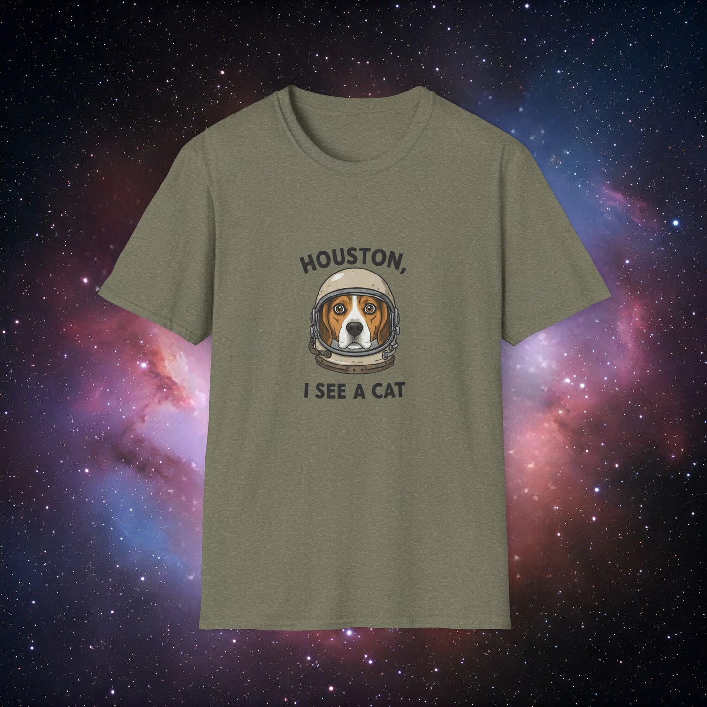 Houston, I See a Cat 3 Unisex Softstyle T-Shirt - Fun Dog Astronaut Design