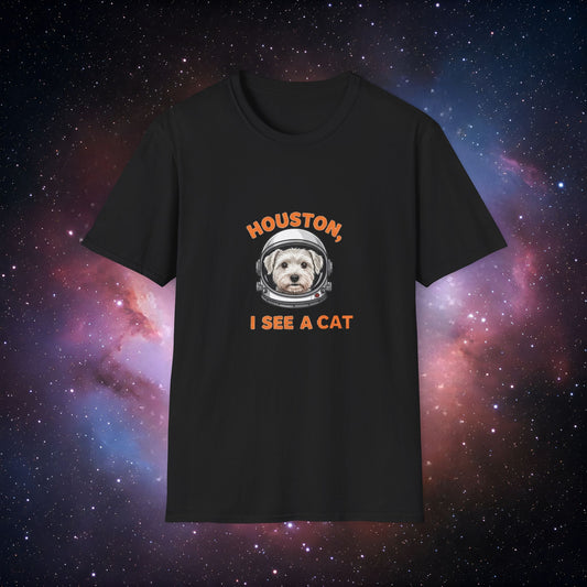 Houston, I See a Cat 4 Unisex Softstyle T-Shirt – Fun Space-Themed Pet Lover Tee